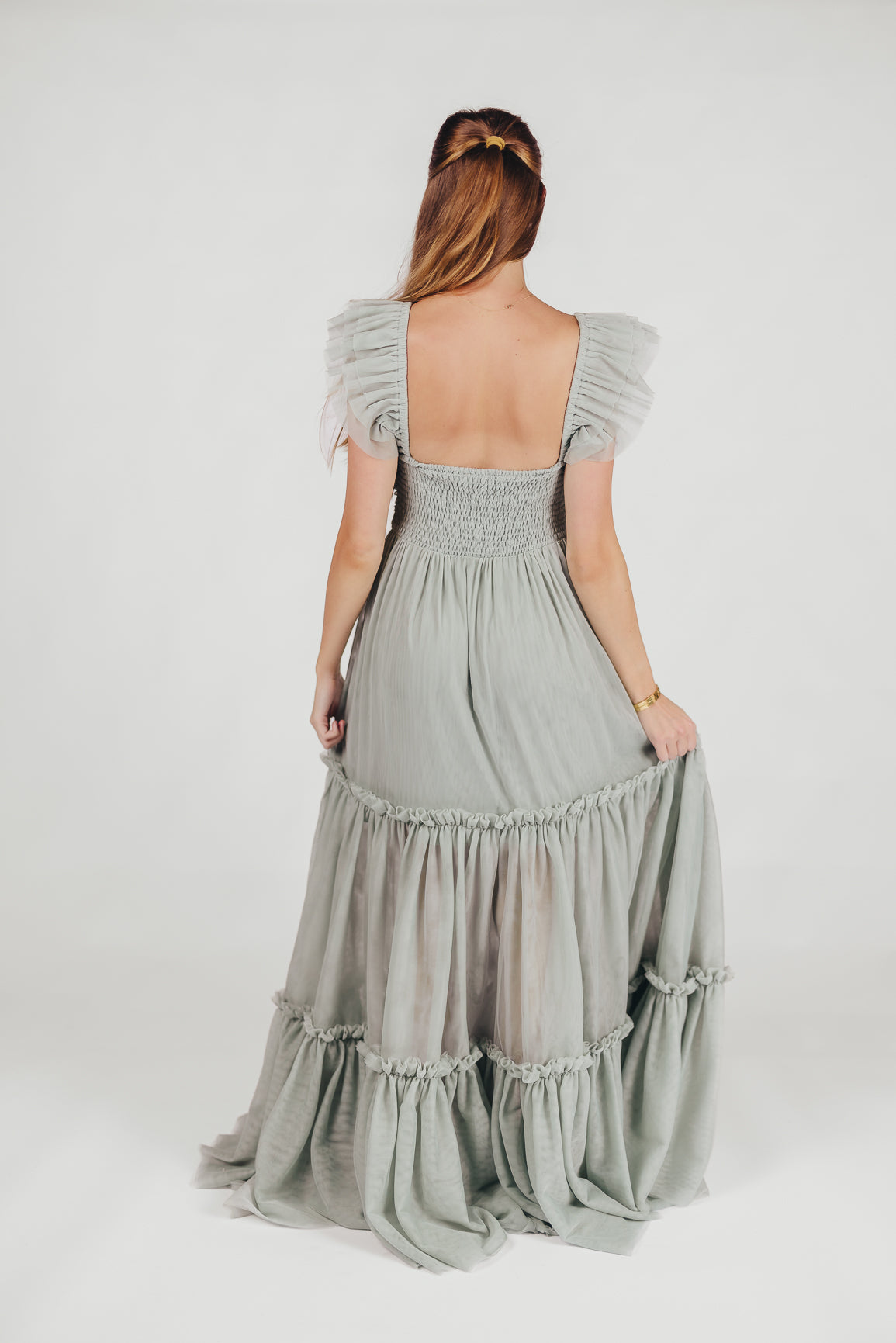 Bellatiered tulle maxi dress in sage - bump friendly & inclusive sizing (s-3xl)