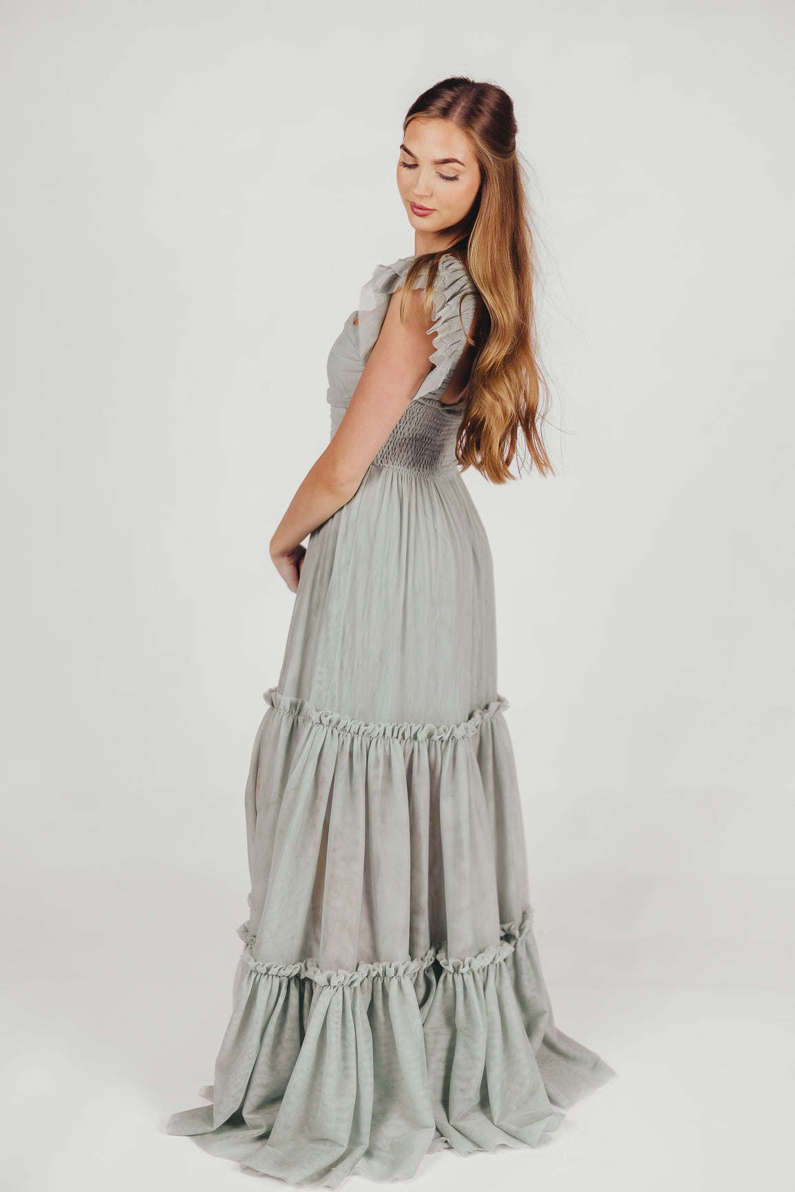 Bellatiered tulle maxi dress in sage - bump friendly & inclusive sizing (s-3xl)