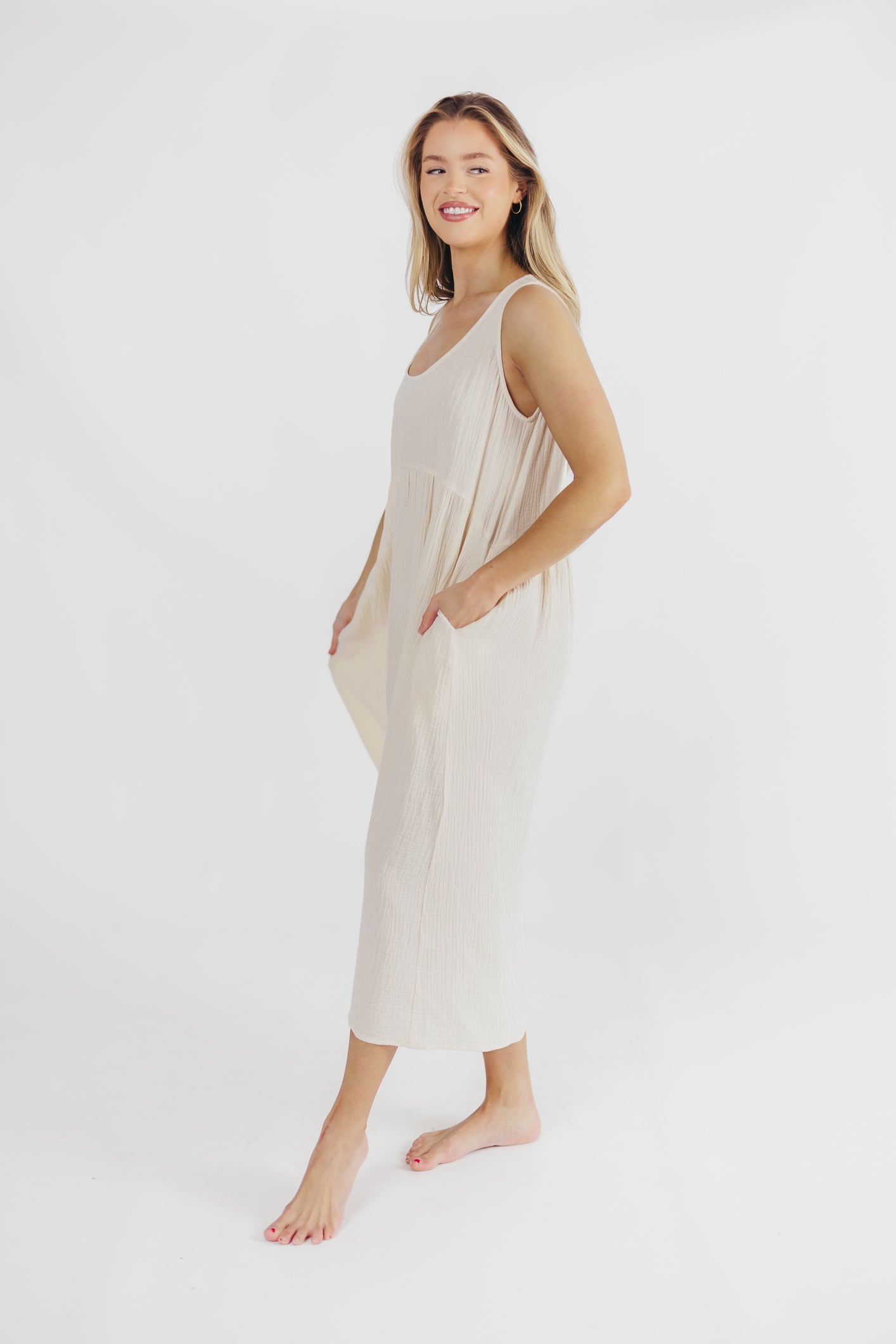 Brianna High-Low Gauze Maxi Dress in Soy