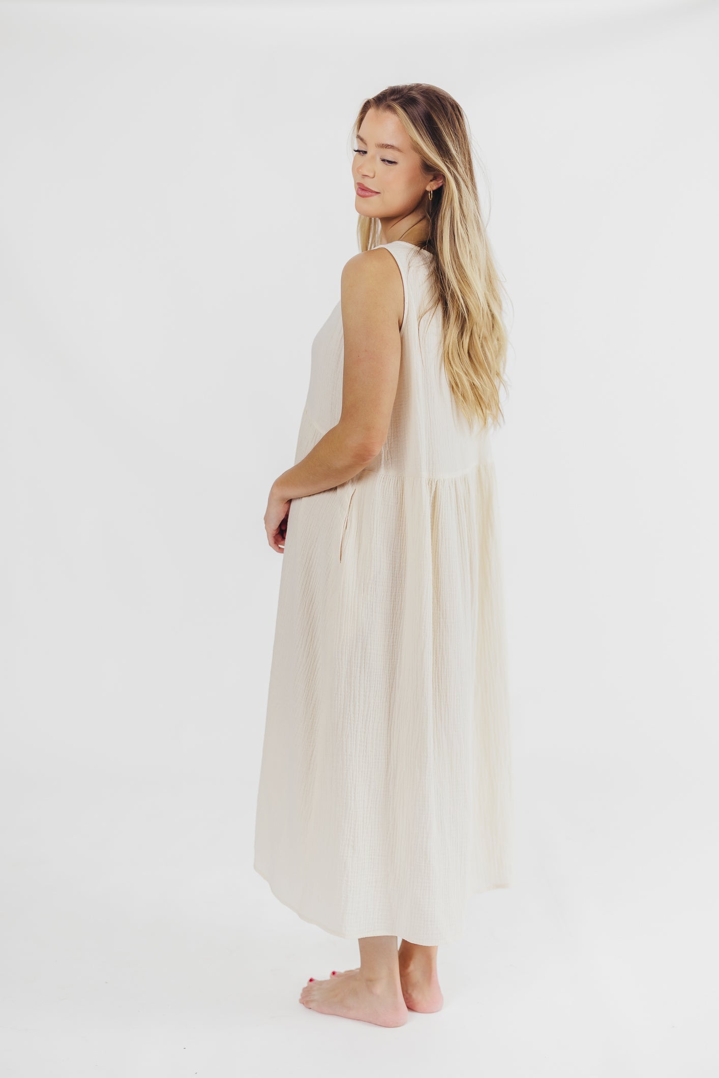 Brianna High-Low Gauze Maxi Dress in Soy
