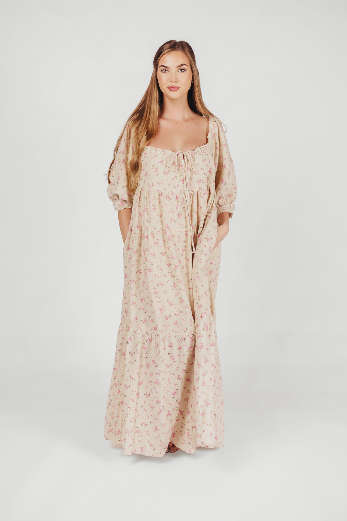Cara 100% Cotton Maxi Dress in Pink/Brown Floral