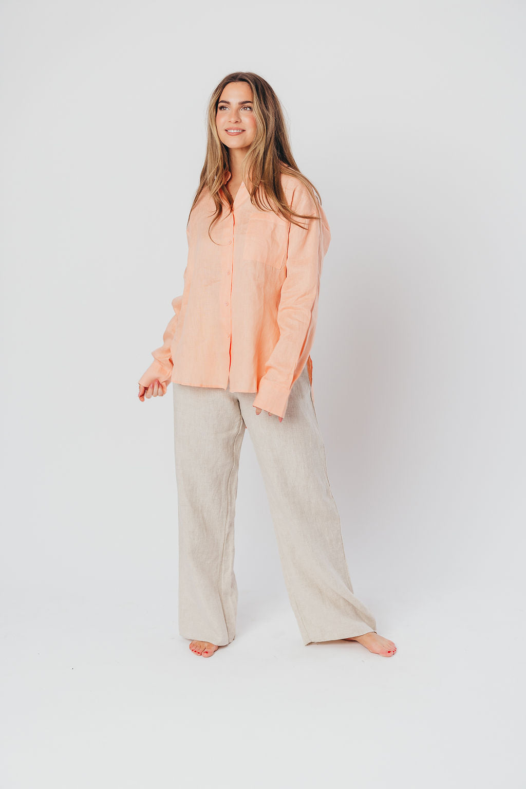 Helen 100% Linen Shirt in Peach - Nursing Friendly