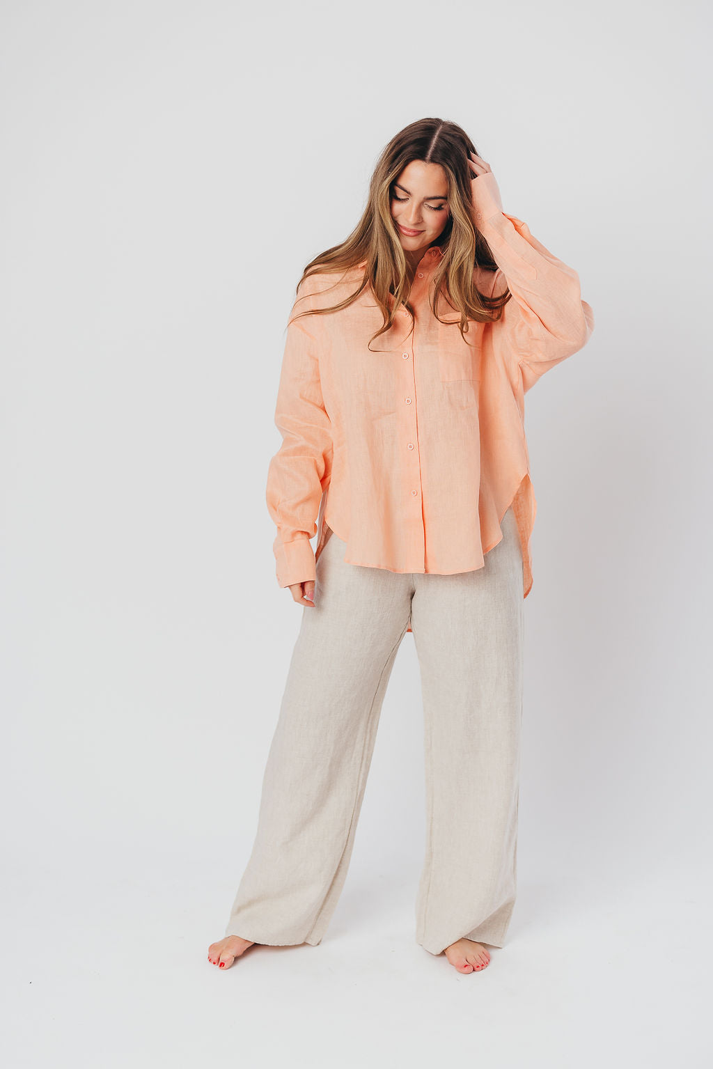 Helen 100% Linen Shirt in Peach - Nursing Friendly