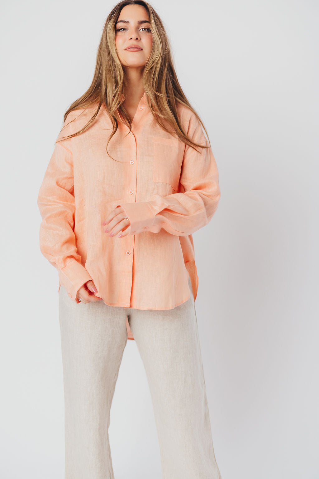 Helen 100% Linen Shirt in Peach - Nursing Friendly