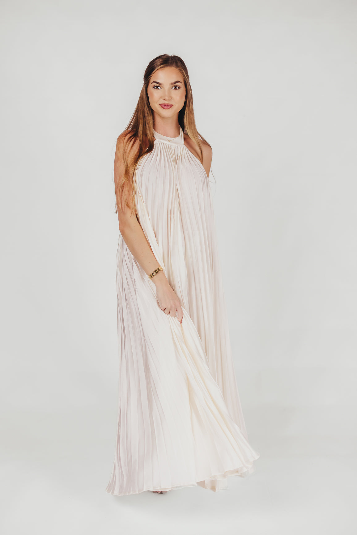Maren Pleated Halter Maxi Dress in Cream