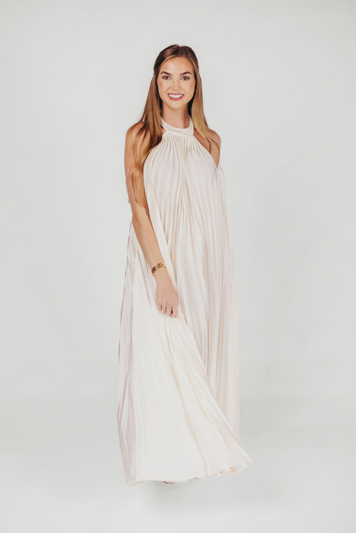 Maren Pleated Halter Maxi Dress in Cream