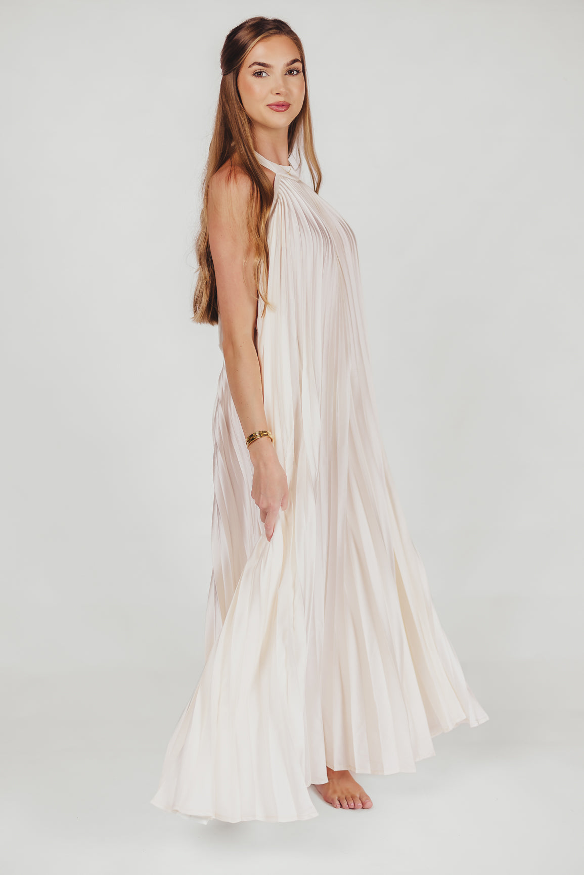 Maren Pleated Halter Maxi Dress in Cream