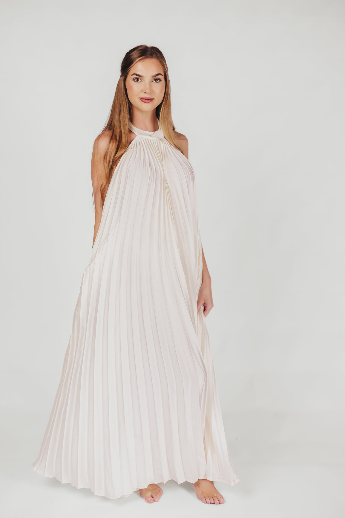 Maren Pleated Halter Maxi Dress in Cream