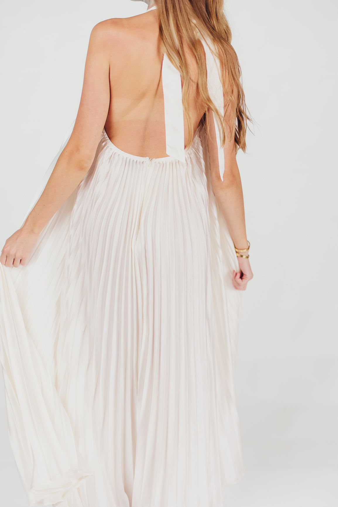Maren Pleated Halter Maxi Dress in Cream