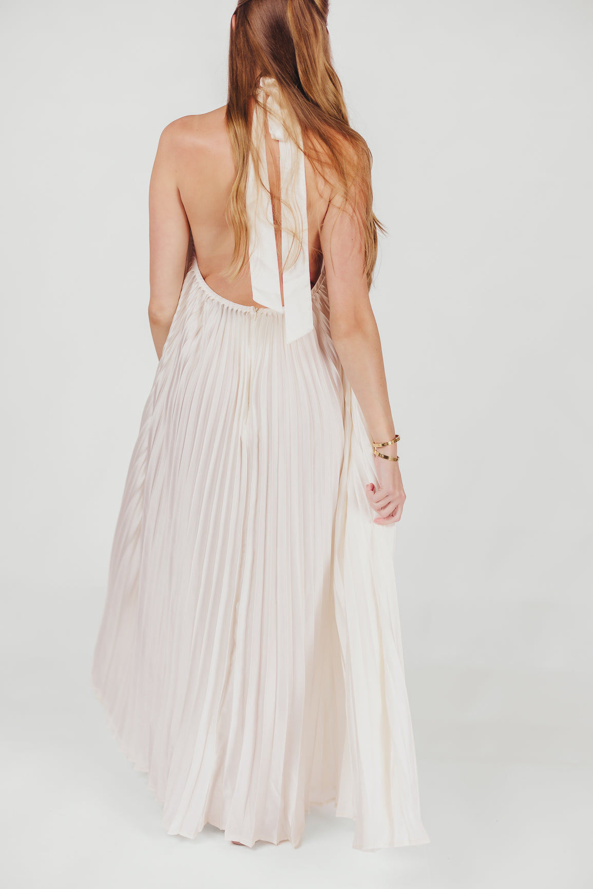 Maren Pleated Halter Maxi Dress in Cream