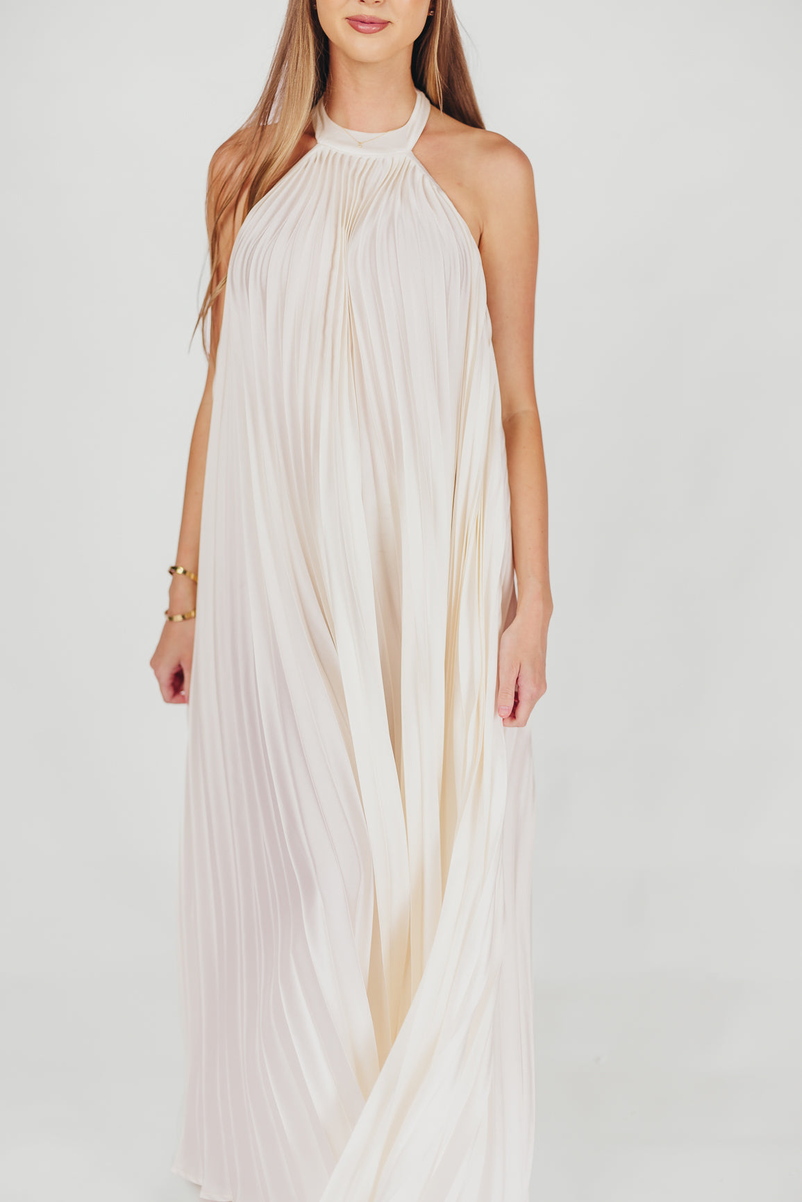 Maren Pleated Halter Maxi Dress in Cream