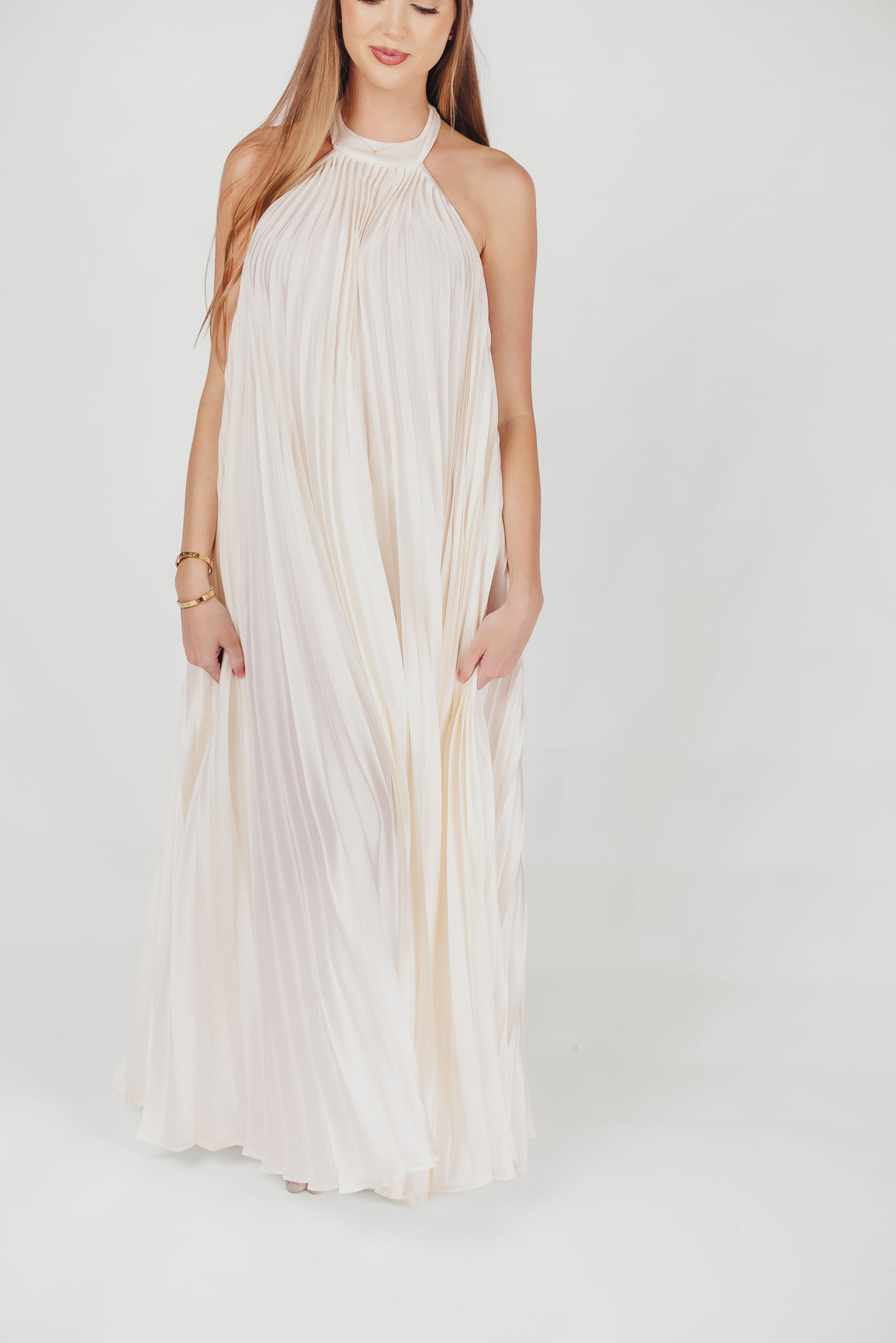 Maren Pleated Halter Maxi Dress in Cream
