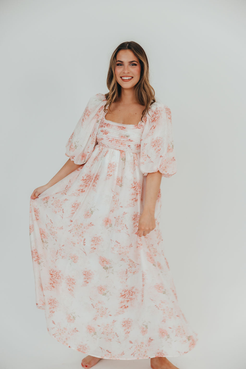 Melody Maxi Dress with Pleats and Bow Detail in Pink Floral - Bump Friendly & Inclusive Sizing (S-3XL)