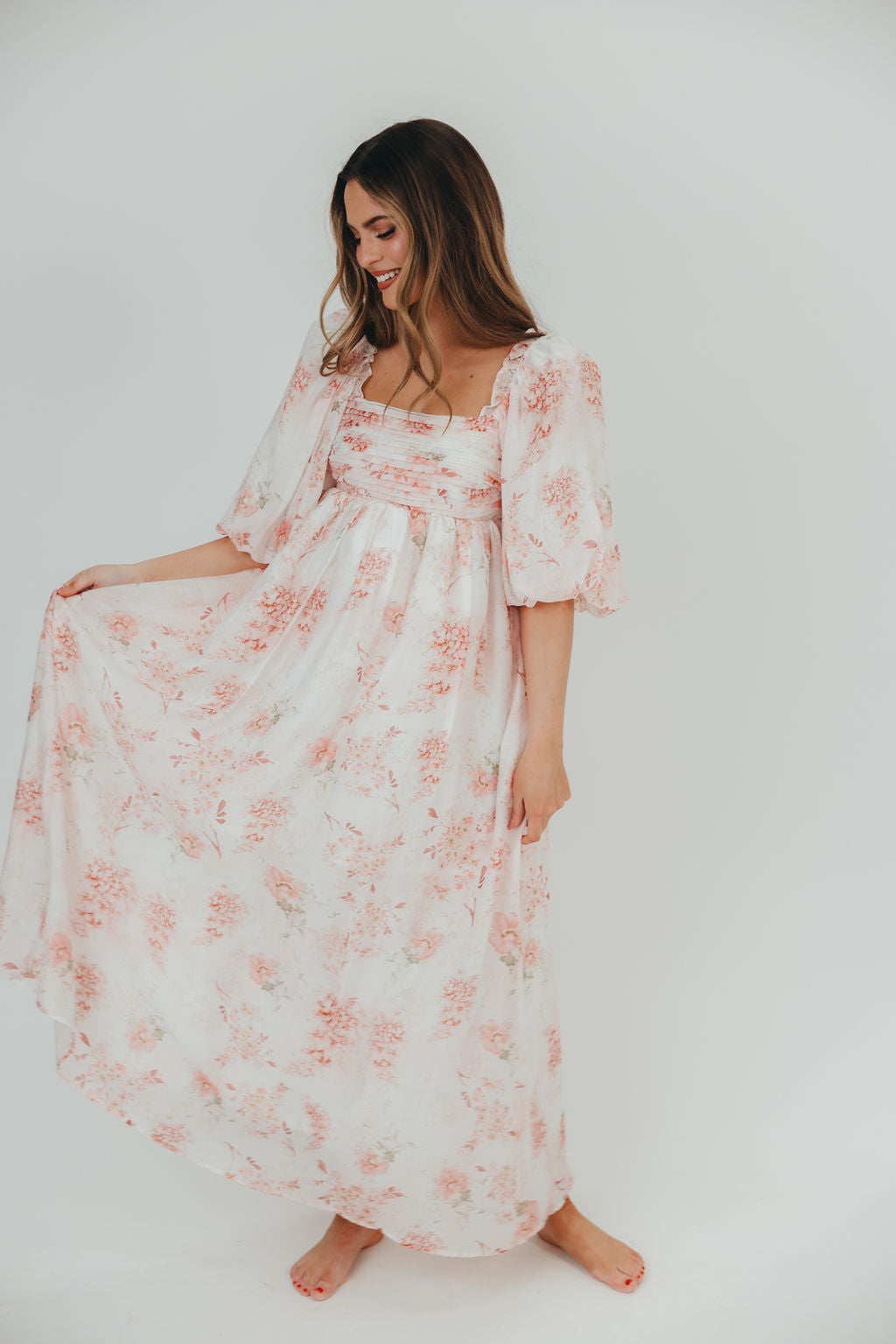 Melody Maxi Dress with Pleats and Bow Detail in Pink Floral - Bump Friendly & Inclusive Sizing (S-3XL)