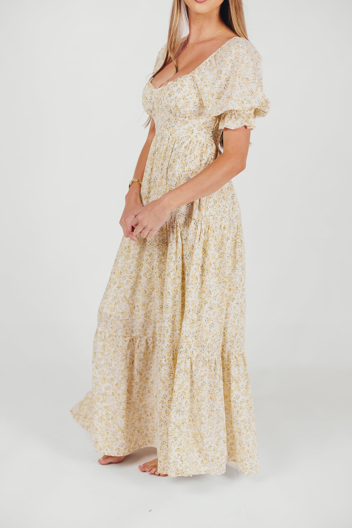 Patton Sweetheart Neckline Tiered Maxi Dress in Daffodil Creme