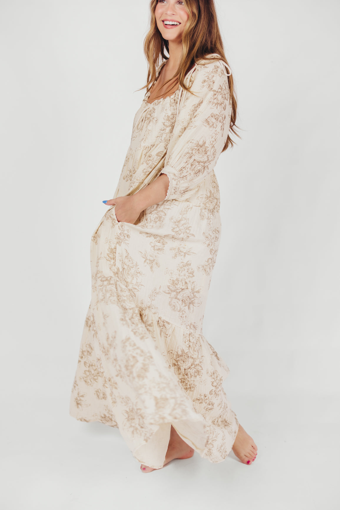 Cara 100% Cotton Maxi Dress in Brown Floral