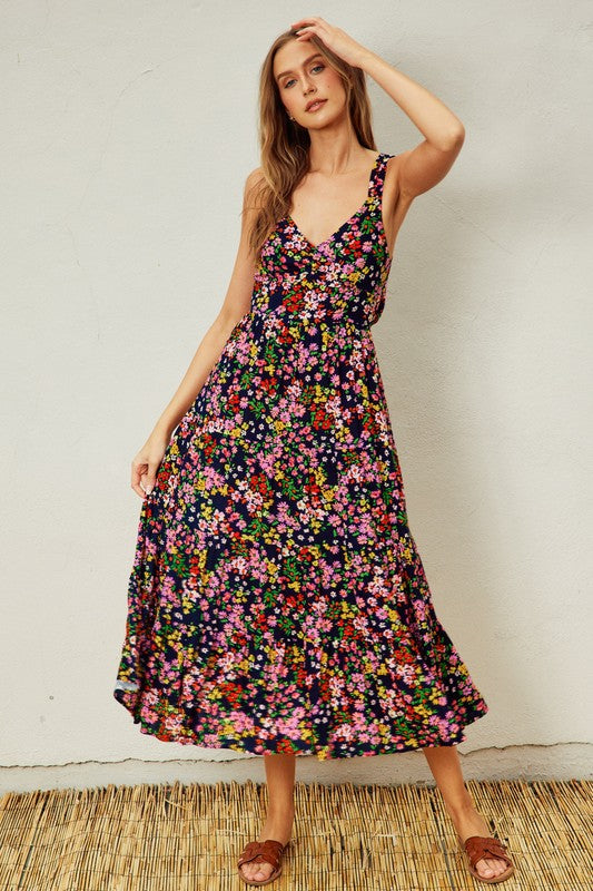 Waitlist 7/17 ♥ Lola Floral Print Back Tie Midi Dress Navy