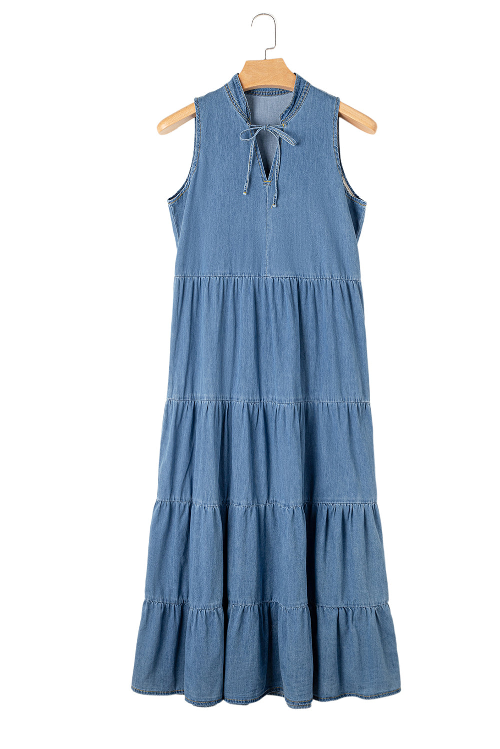 Blue Sleeveless Tiered Chambray Maxi Dress