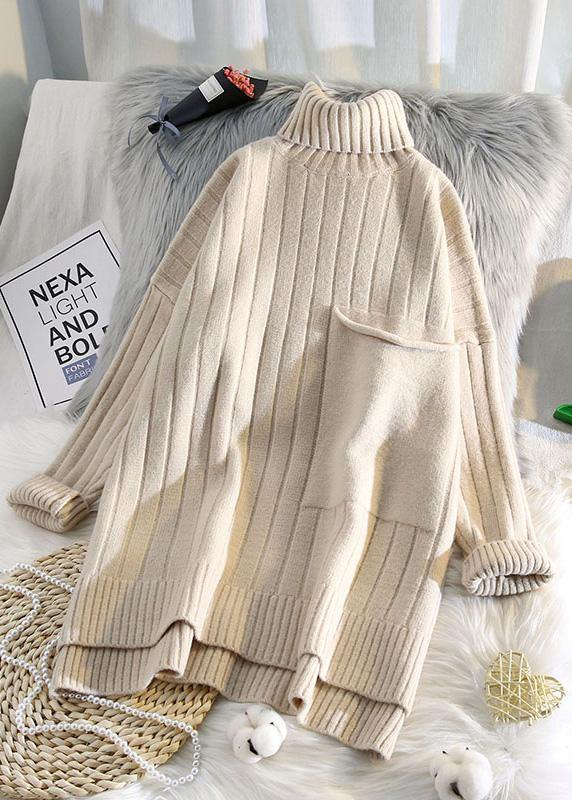 Aesthetic high neck beige knit sweat tops spring fashion low high designknit blouse