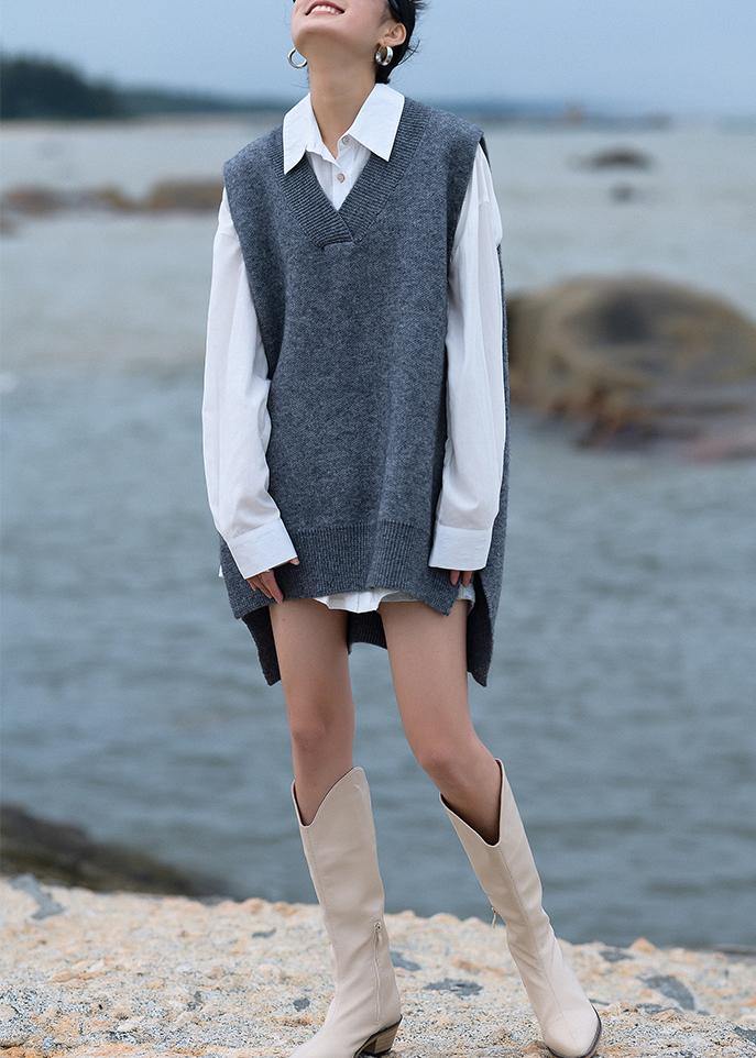 Chunky gray knit blouse v neck low high design trendy plus size fall knit tops