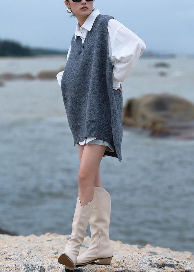 Chunky gray knit blouse v neck low high design trendy plus size fall knit tops
