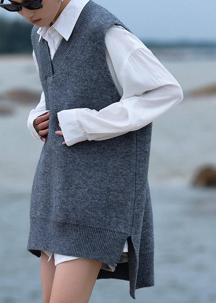 Chunky gray knit blouse v neck low high design trendy plus size fall knit tops