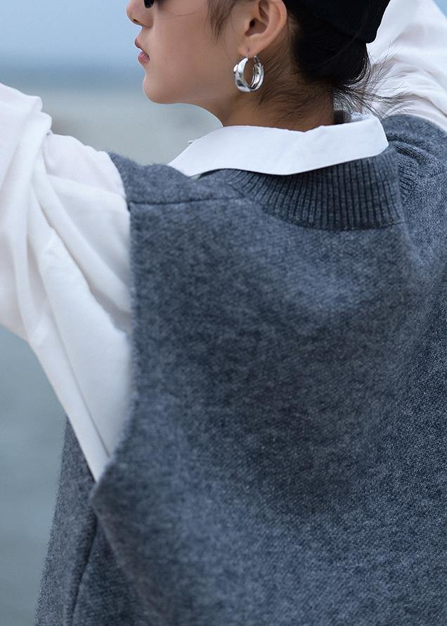 Chunky gray knit blouse v neck low high design trendy plus size fall knit tops