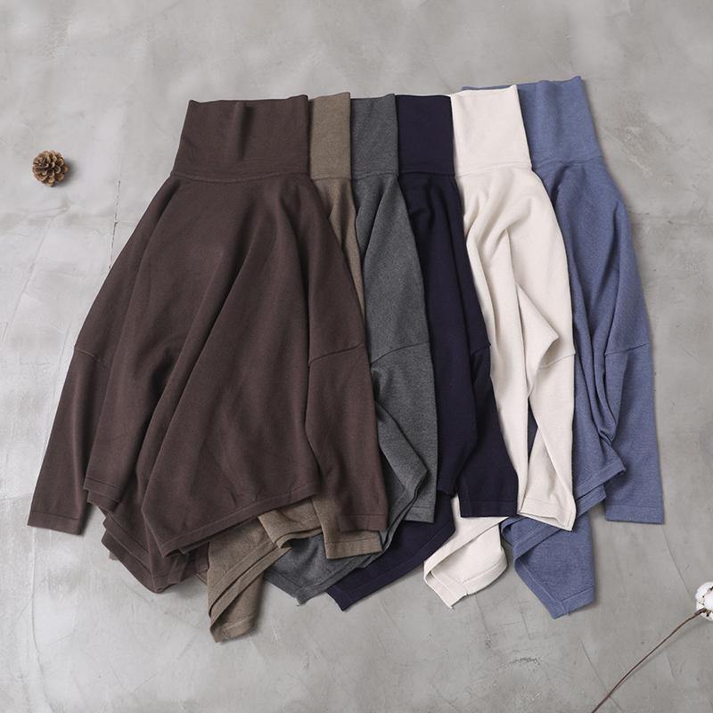 Handmade chocolate cotton tunics for women asymmetric hem short high neck blouse