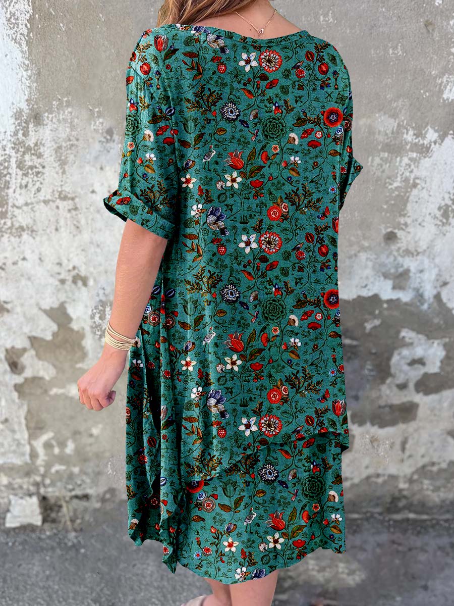 Women's Classic Elegant Poppy Pattern Cotton and Linen Dress