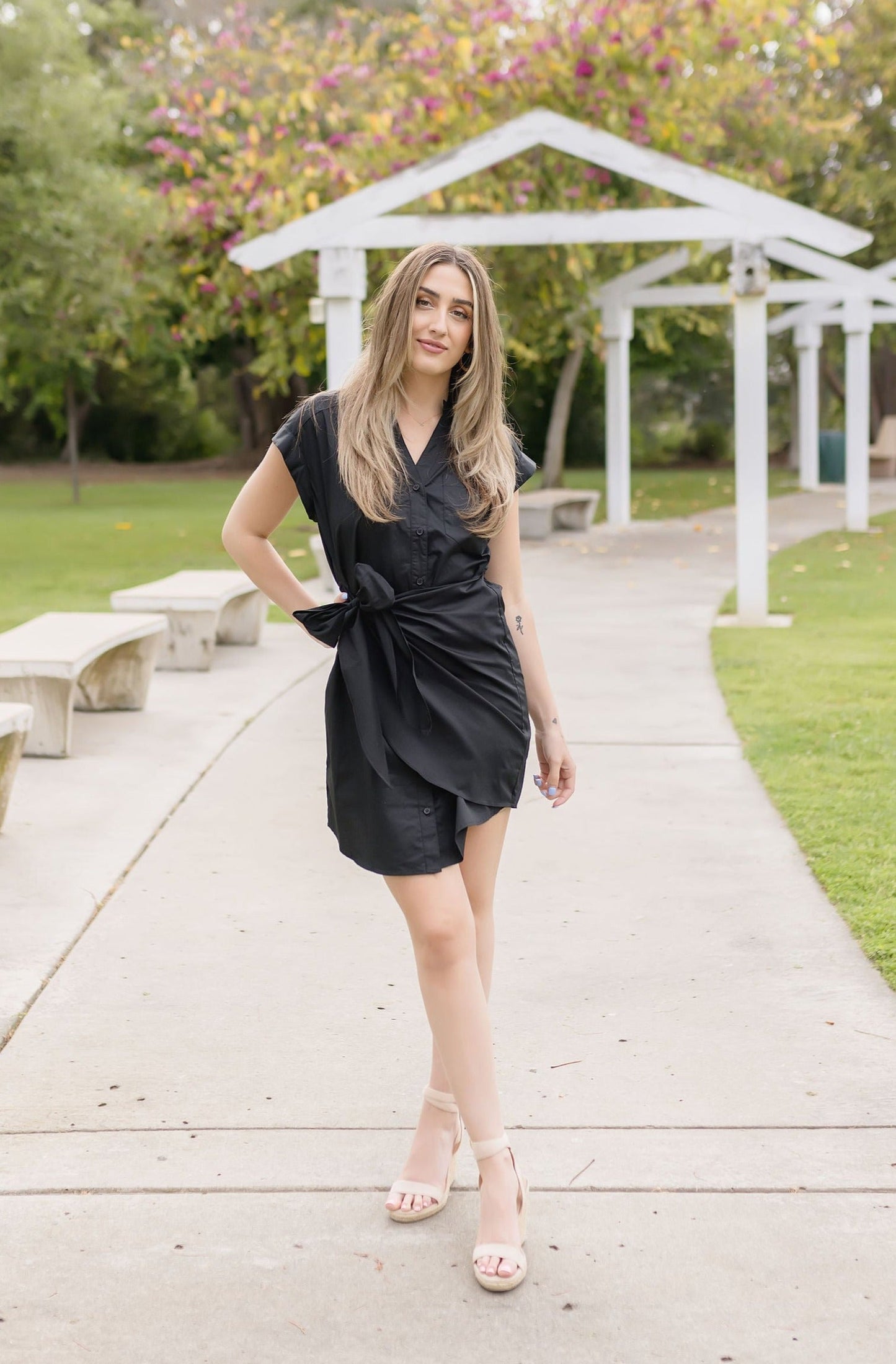 Laila Button Down Faux Wrap Mini Dress Black