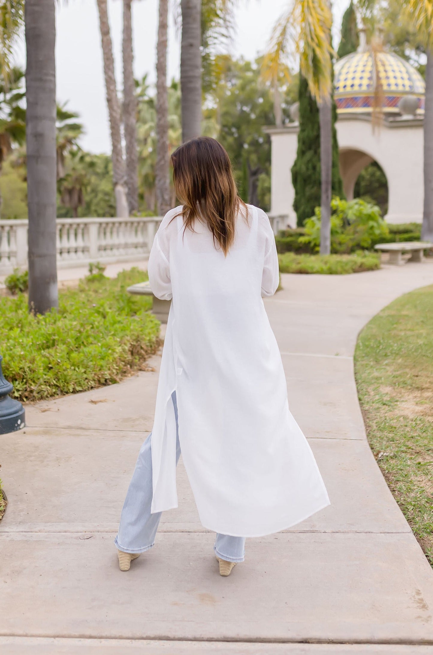 Donna Long Sleeve Snap Button Down Shirt Dress White