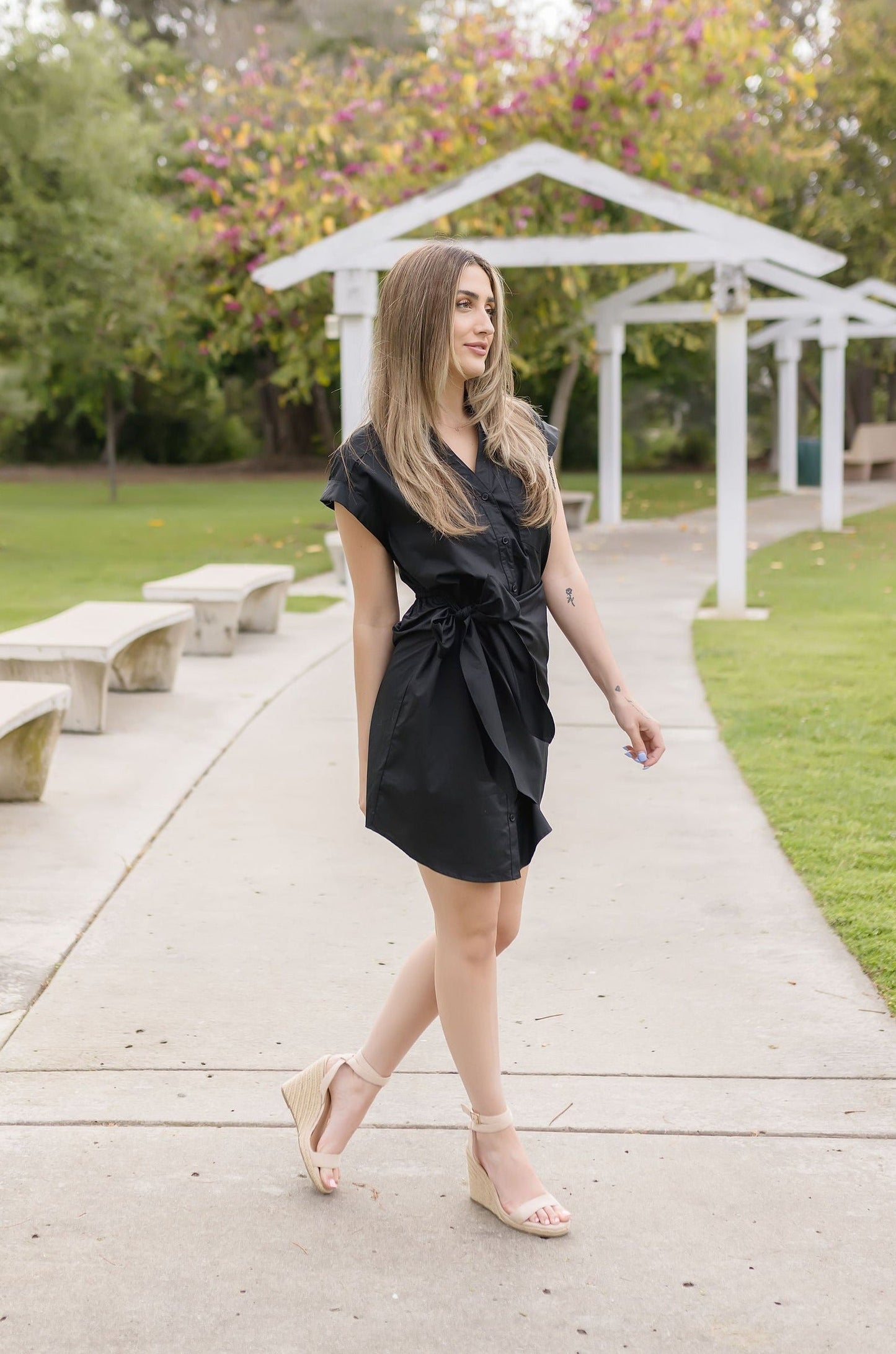 Laila Button Down Faux Wrap Mini Dress Black