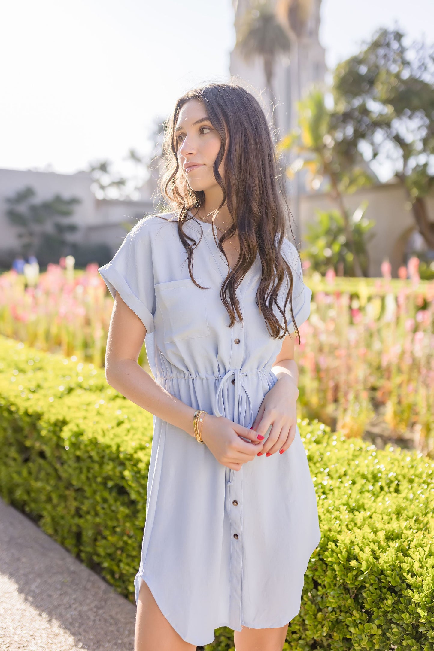 Samantha Button Down Waist Tie Mini Dress Blue