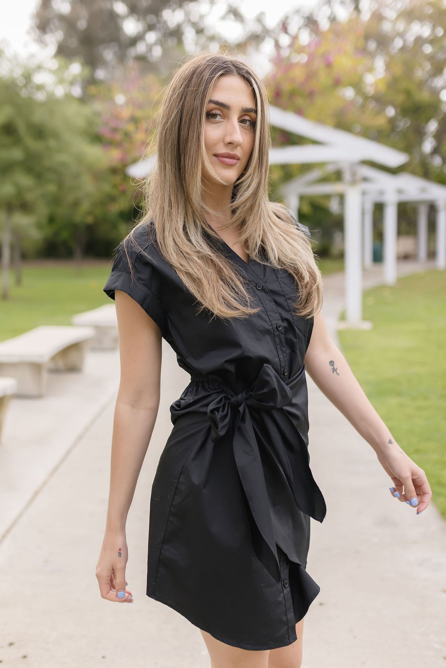 Laila Button Down Faux Wrap Mini Dress Black