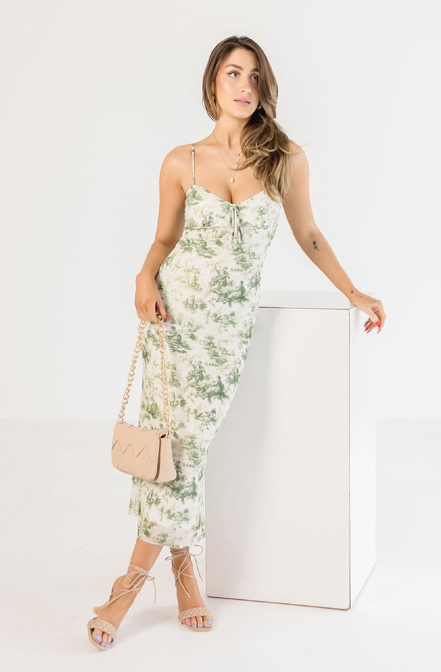 Willow Sleeveless Print Mesh Midi Dress Green
