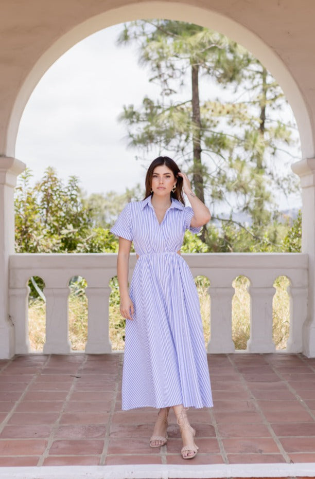 Caelin Short Sleeve Cut Out Stripe Print Midi Dress Blue