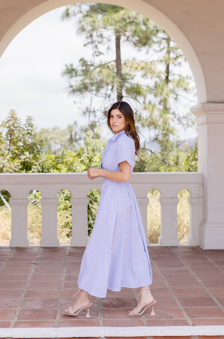 Caelin Short Sleeve Cut Out Stripe Print Midi Dress Blue