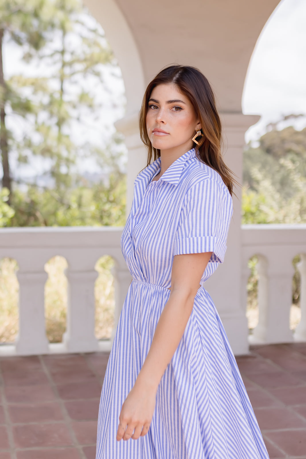 Caelin Short Sleeve Cut Out Stripe Print Midi Dress Blue