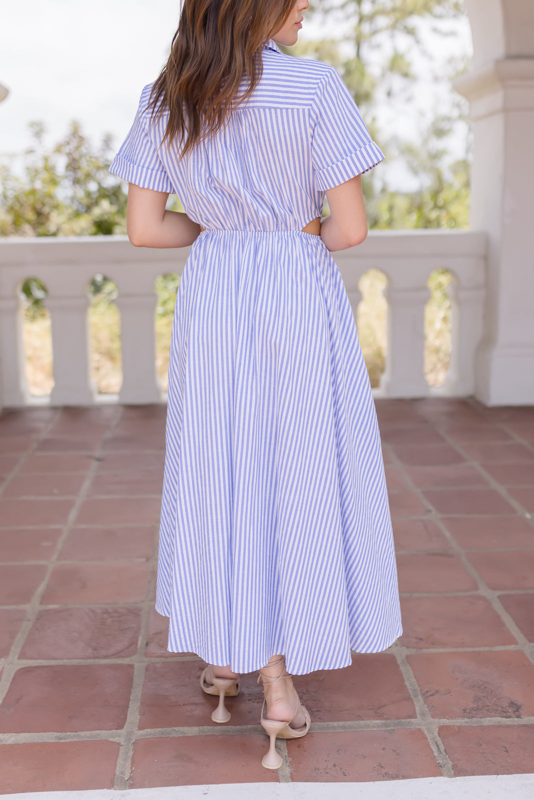Caelin Short Sleeve Cut Out Stripe Print Midi Dress Blue