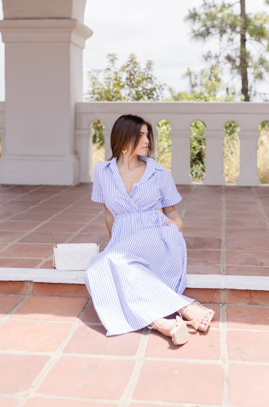Caelin Short Sleeve Cut Out Stripe Print Midi Dress Blue