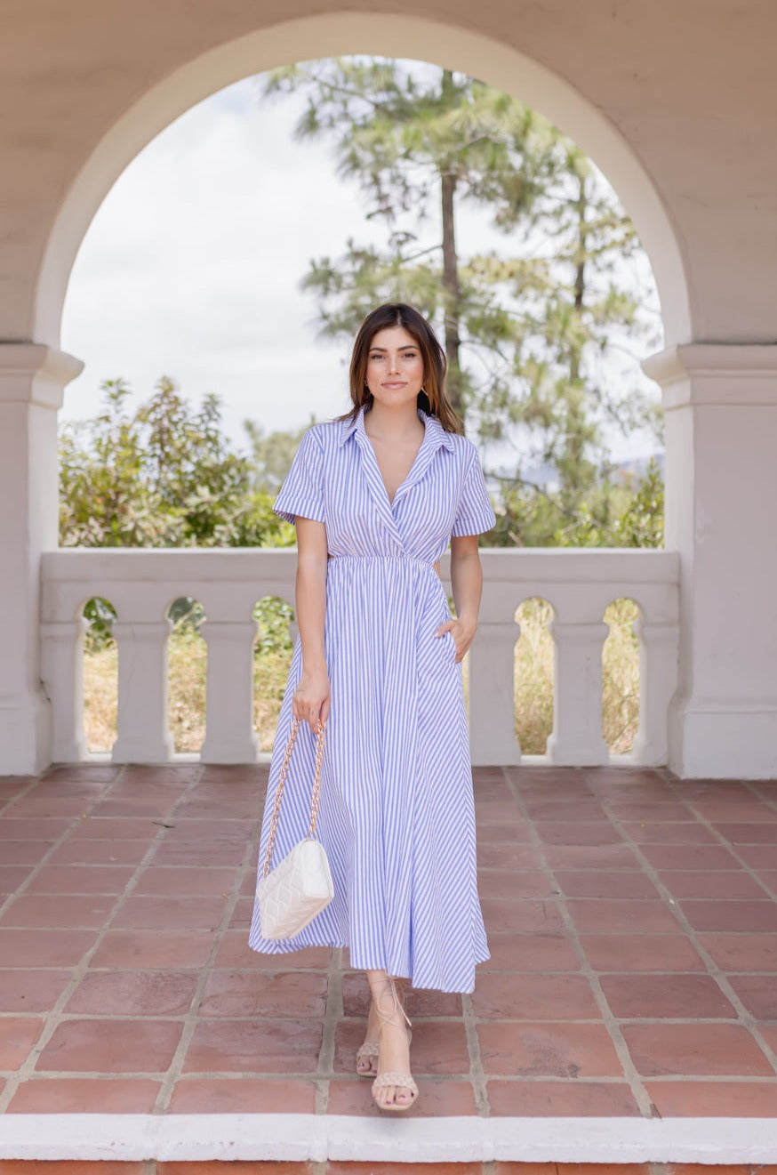 Caelin Short Sleeve Cut Out Stripe Print Midi Dress Blue