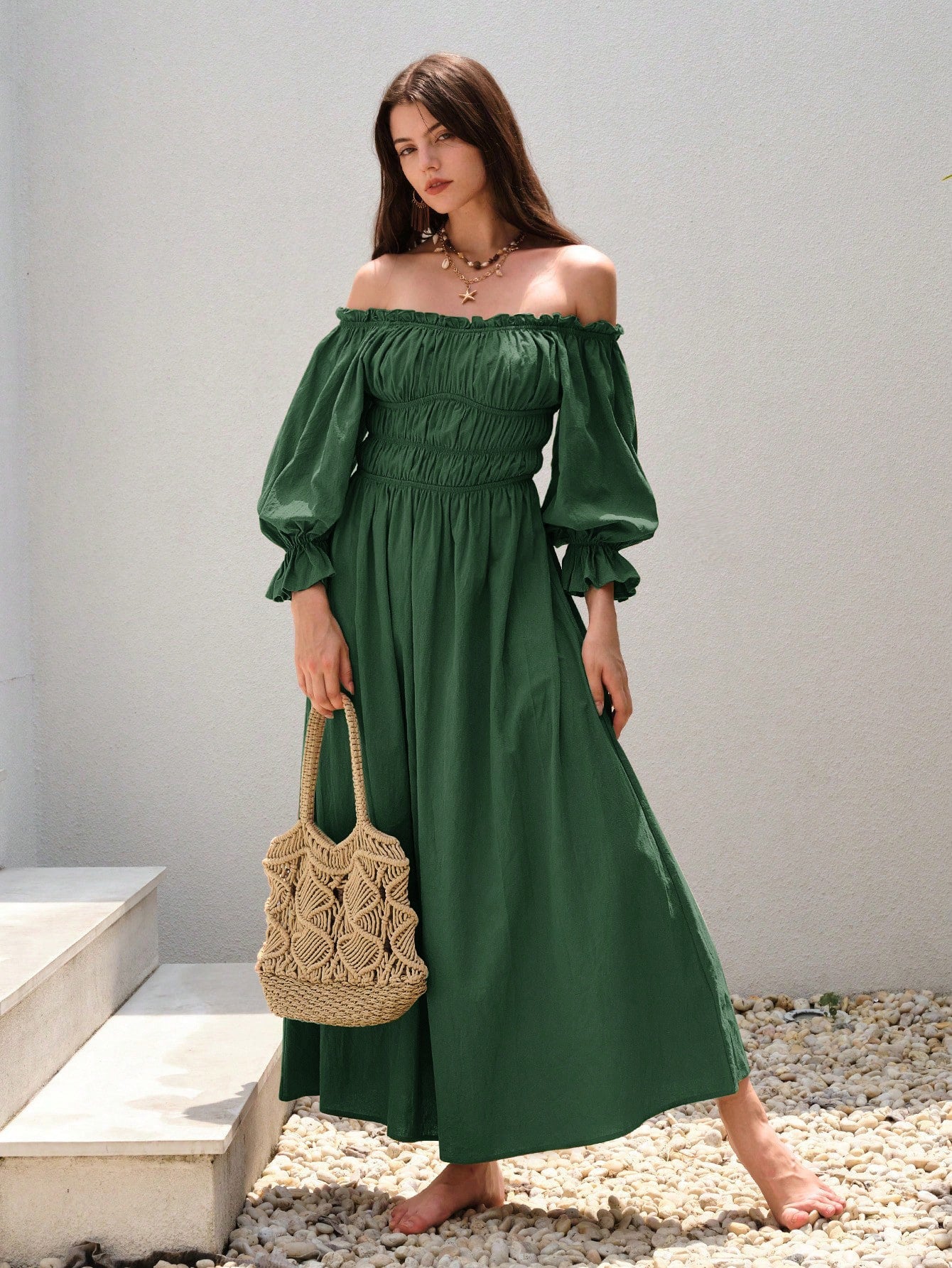 Green Retro Off-shoulder Dress