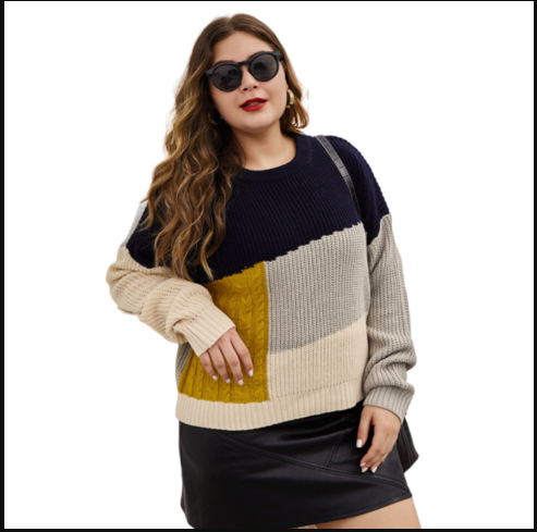 Blue Warm Patchwork Knitted Tops O-Neck Oversized Winter