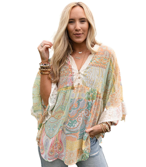 Floral Frill Trim Buttoned Notched Tiered Blouse