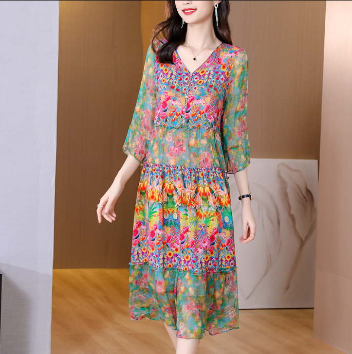 Women's Abstract Art Color V-Neck Dress With Pockets