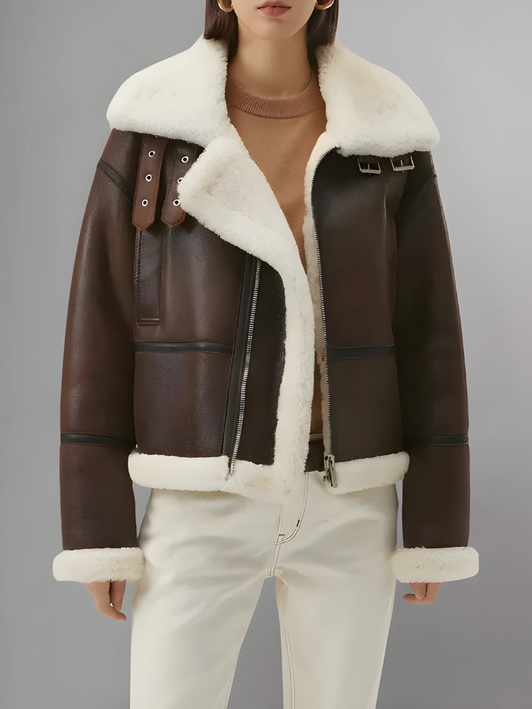 Women s Chocolate Brown Leather Shearling Aviator Jacket