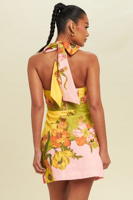 Waitlist 7/31 ♥ Jules Halter Tie Cut Out Floral Print Mini Dress Green