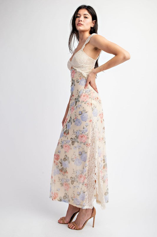 Waitlist 6/20 ♥ Wilder Floral Print Lace Trim Maxi Dress Cream