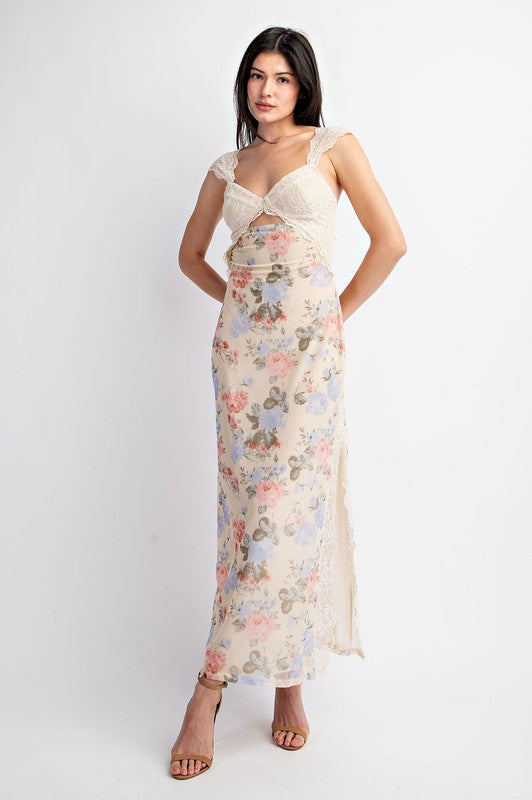Waitlist 6/20 ♥ Wilder Floral Print Lace Trim Maxi Dress Cream