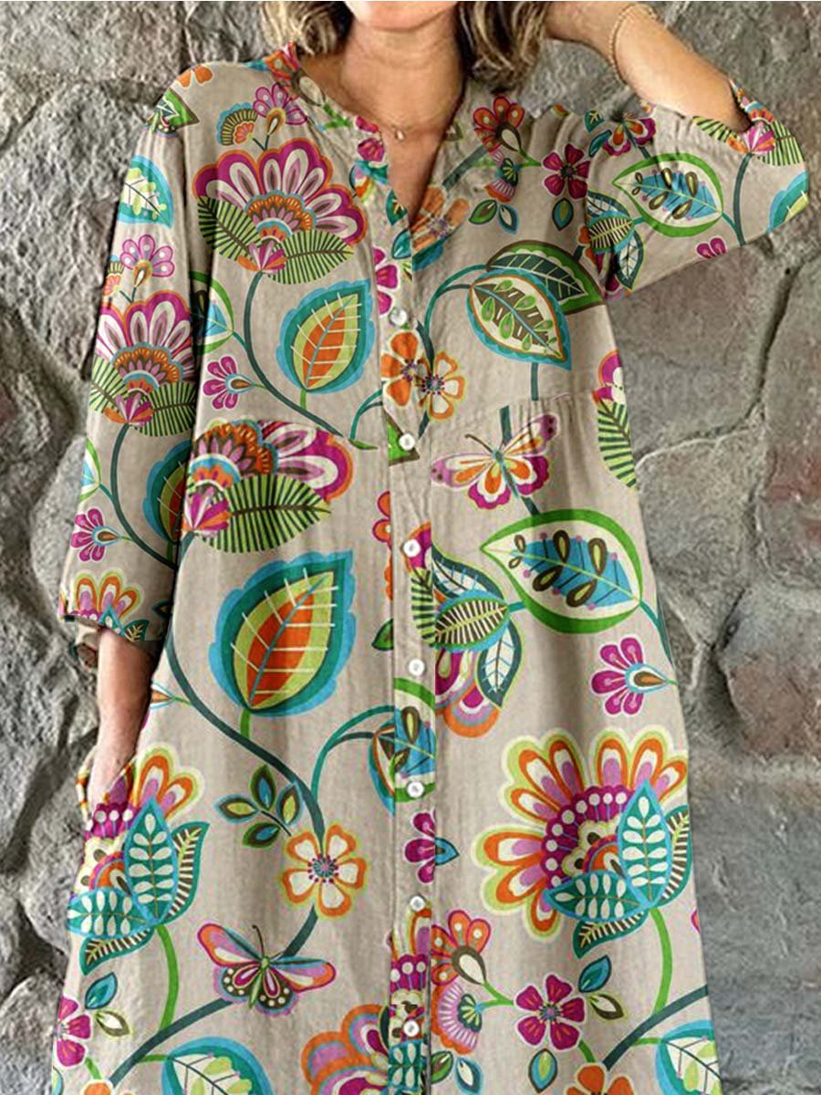 Women's Elegant Floral Shirt Style Cotton and Linen Dress